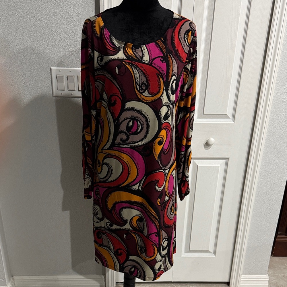 Madison Long Sleeve Dress with Pink, Red, Black, Gray and Orange Swirls